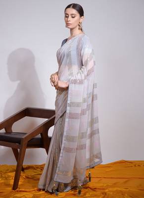 Off White Georgette Sequence Party Wear Saree 3