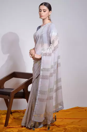 Off White Georgette Sequence Party Wear Saree