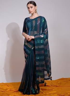 Teal Georgette Sequence Party Wear Saree 1