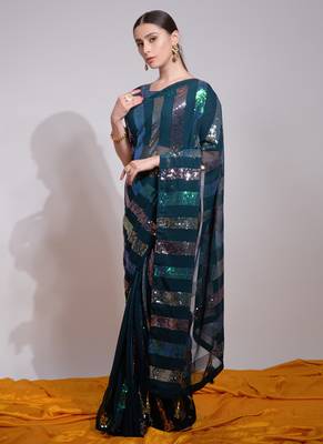 Teal Georgette Sequence Party Wear Saree 2