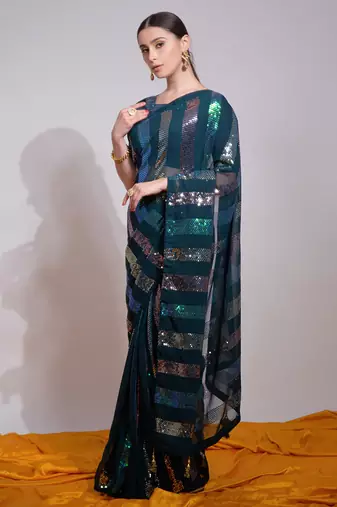 Teal Georgette Sequence Party Wear Saree