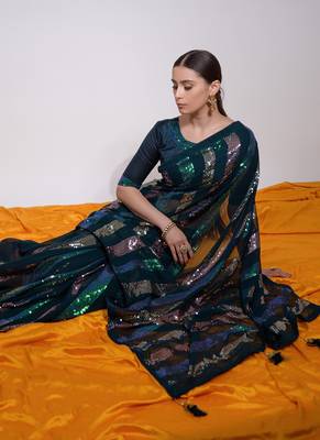 Teal Georgette Sequence Party Wear Saree 3