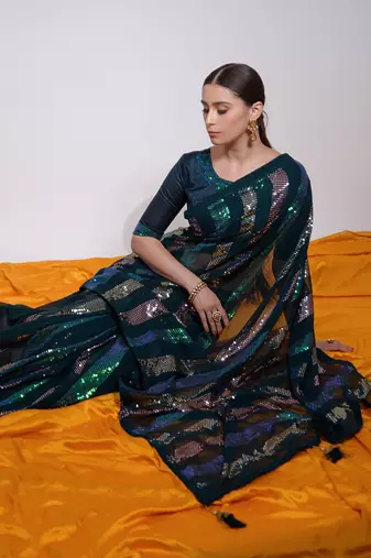 Teal Georgette Sequence Party Wear Saree