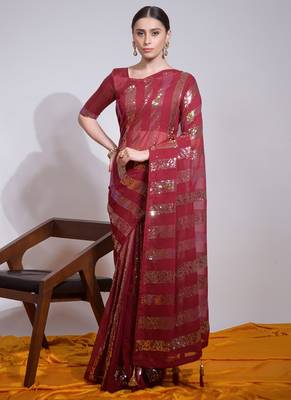 Maroon Georgette Sequence Party Wear Saree 1