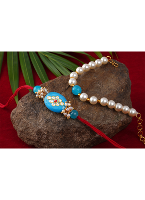 Combo of turquoise blue kundan stone rakhi n onyx pearl bracelet set for bhaiya,brother,couple pair rakhi 4