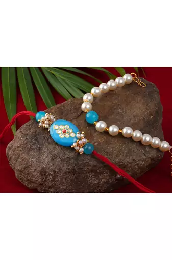 Combo of turquoise blue kundan stone rakhi n onyx pearl bracelet set for bhaiya,brother,couple pair rakhi