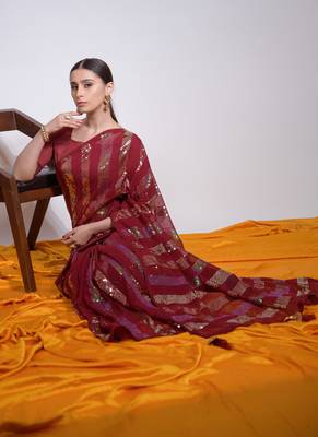 Maroon Georgette Sequence Party Wear Saree 2