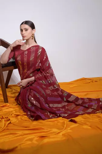 Maroon Georgette Sequence Party Wear Saree