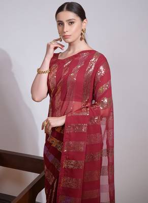 Maroon Georgette Sequence Party Wear Saree 3