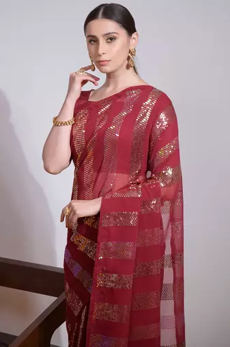 Maroon Georgette Sequence Party Wear Saree