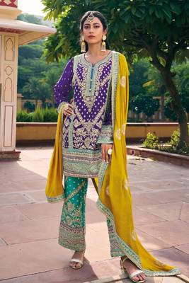 Blue Embroidered Blooming Chinon Silk Stitched Punjabi Salwar Suit 1