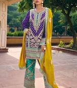 Blue Embroidered Blooming Chinon Silk Stitched Punjabi Salwar Suit