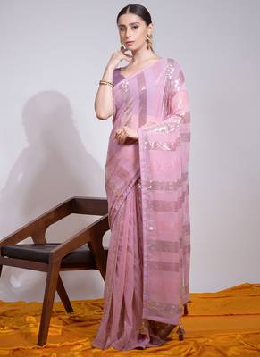 Baby Pink Georgette Sequence Party Wear Saree 1