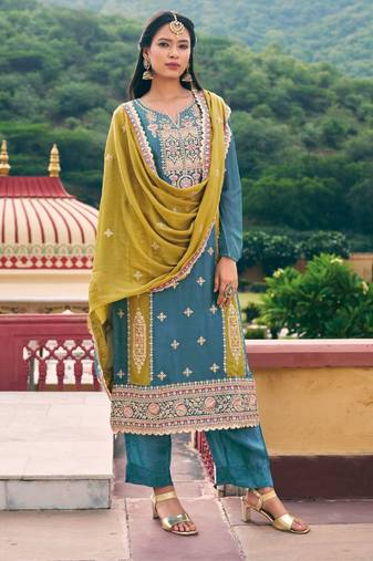 Blue & mehendi premium embroidered blooming chinon silk stitched salwar suit