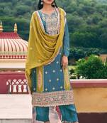 Blue & mehendi premium embroidered blooming chinon silk stitched salwar suit