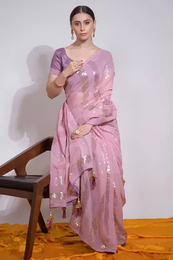 Baby Pink Georgette Sequence Party Wear Saree