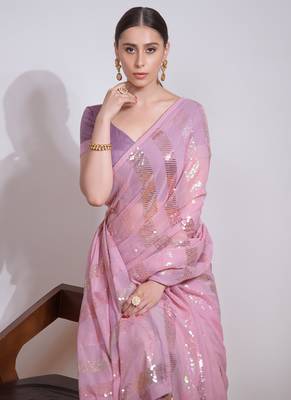 Baby Pink Georgette Sequence Party Wear Saree 3