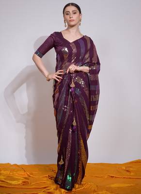 Wine Georgette Sequence Party Wear Saree 1