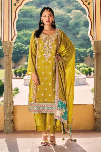 Mehendi premium embroidered blooming chinon silk stitched salwar suit