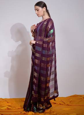 Wine Georgette Sequence Party Wear Saree 2