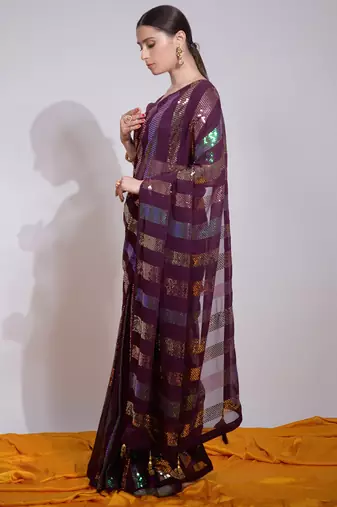 Wine Georgette Sequence Party Wear Saree