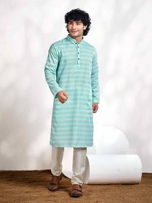 Vardha men's cotton digital print stitched kurta tropical blue diamond pattern long kurtas for men, mandarin collar 1