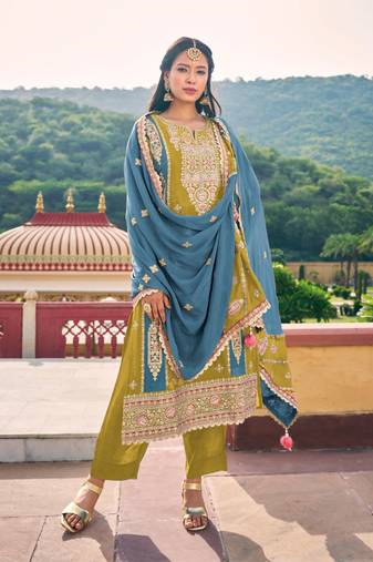 Mehendi & blue premium embroidered blooming chinon silk stitched salwar suit