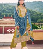 Mehendi & blue premium embroidered blooming chinon silk stitched salwar suit