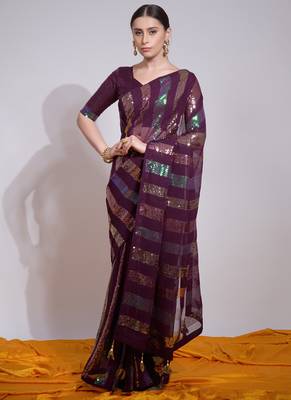 Wine Georgette Sequence Party Wear Saree 3