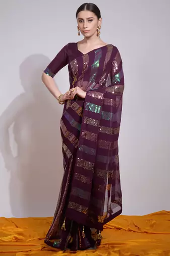 Wine Georgette Sequence Party Wear Saree