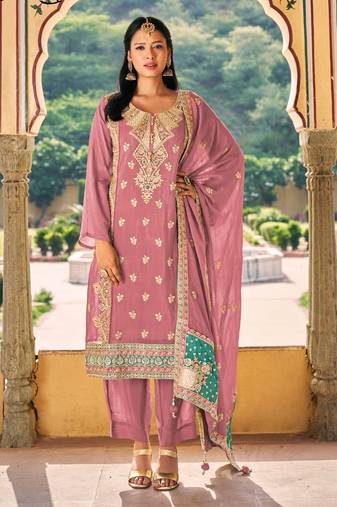 Pink premium embroidered blooming chinon silk stitched salwar suit