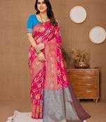 Pink Printed Banarasi silk blend Saree With Blouse