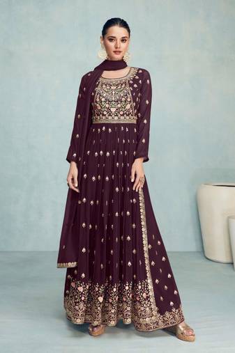 Wine exclusive embroidered faux georgette stitched nayra cut suit