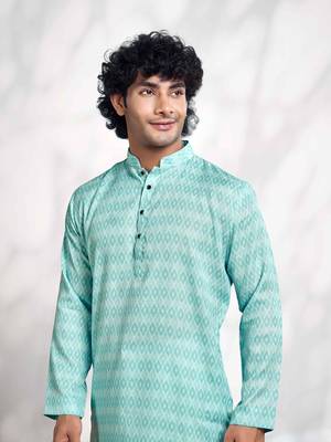 Vardha men's cotton digital print stitched kurta tropical blue diamond pattern long kurtas for men, mandarin collar 2