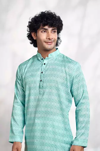 Vardha men's cotton digital print stitched kurta tropical blue diamond pattern long kurtas for men, mandarin collar
