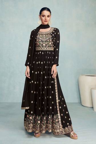 Black exclusive embroidered faux georgette stitched nayra cut suit