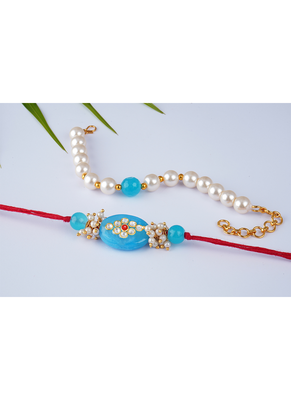 Combo of turquoise blue kundan stone rakhi n onyx pearl bracelet set for bhaiya,brother,couple pair rakhi 5