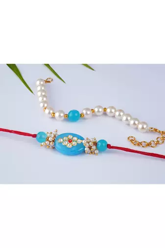 Combo of turquoise blue kundan stone rakhi n onyx pearl bracelet set for bhaiya,brother,couple pair rakhi