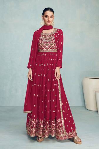 Rani pink exclusive embroidered faux georgette stitched nayra cut suit