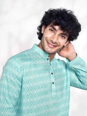 Vardha men's cotton digital print stitched kurta tropical blue diamond pattern long kurtas for men, mandarin collar 3