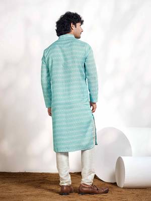 Vardha men's cotton digital print stitched kurta tropical blue diamond pattern long kurtas for men, mandarin collar 4