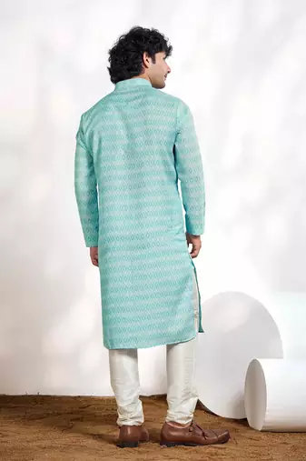 Vardha men's cotton digital print stitched kurta tropical blue diamond pattern long kurtas for men, mandarin collar