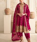 Rani pink fashionable embroidered premium silk stitched salwar suit