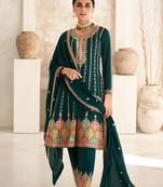 Teal green fashionable embroidered premium silk stitched salwar suit