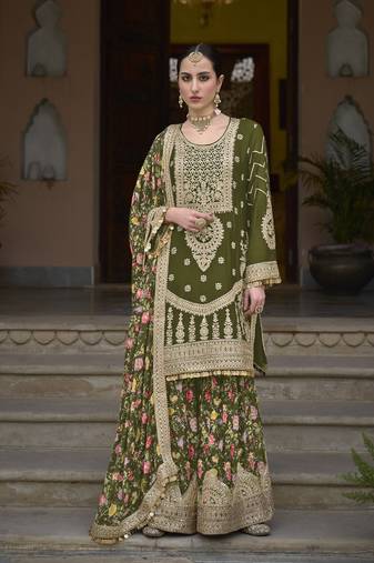 Green premium embroidered chinon silk digital print stitched sharara suit