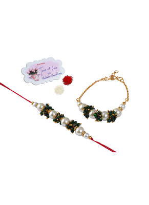 Handcrafted combo of off white pearl n green bead cluster pearl rakhi bracelet set for bhaiya,brother,couple pair rakhi 1
