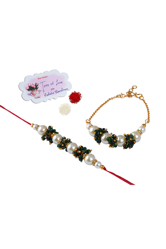 Handcrafted combo of off white pearl n green bead cluster pearl rakhi bracelet set for bhaiya,brother,couple pair rakhi