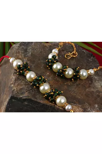 Handcrafted combo of off white pearl n green bead cluster pearl rakhi bracelet set for bhaiya,brother,couple pair rakhi