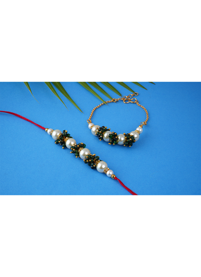 Handcrafted combo of off white pearl n green bead cluster pearl rakhi bracelet set for bhaiya,brother,couple pair rakhi 3