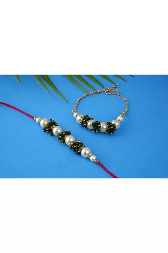 Handcrafted combo of off white pearl n green bead cluster pearl rakhi bracelet set for bhaiya,brother,couple pair rakhi